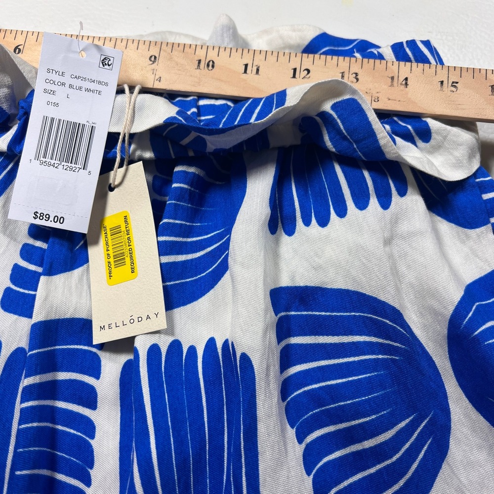 Melloday Wide Leg Pants Womens Large Blue White Shell Print Paperbag Waist NEW - Picture 8 of 10